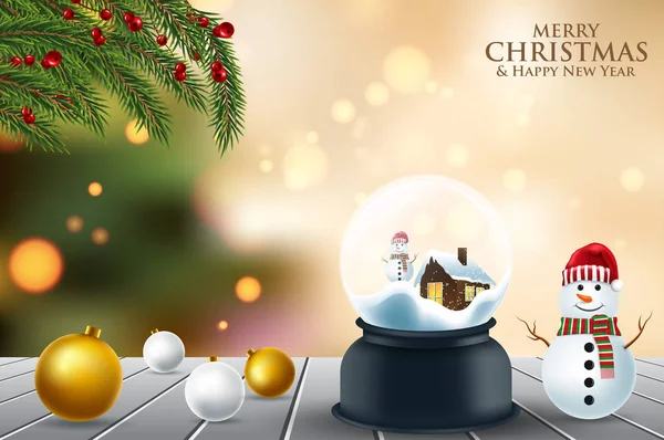 Crystal ball, snowball with snowy Christmas tree, spruce inside, falling snow, realistic holiday decoration, vector illustration