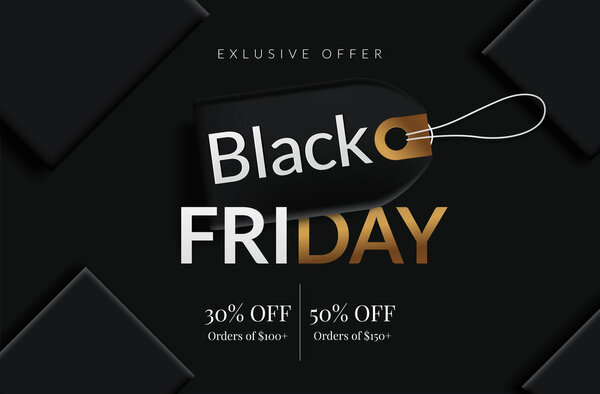 Черная пятница распродажи черная метка, круглый баннер, реклама, векторная иллюстрация