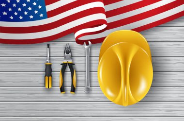 Vektör Mutlu İşçi Bayramı kartı. ABD bayrağıyla Ulusal Amerikan bayramı illüstrasyonu