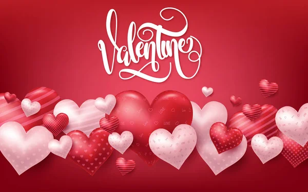 Pink Valentine 's Day background with 3d hearts on red. Векторная иллюстрация — стоковый вектор