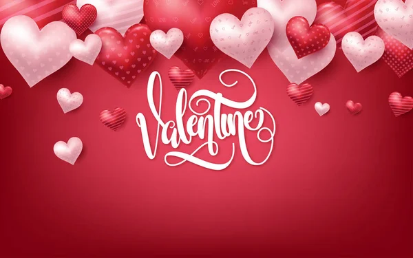 Pink Valentine 's Day background with 3d hearts on red. Векторная иллюстрация — стоковый вектор