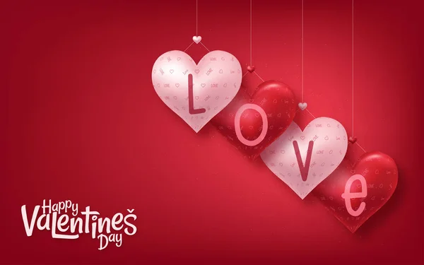 3D réalistes Coeurs rouges fond avec Sweet Happy Valentines Day. Illustration vectorielle — Image vectorielle