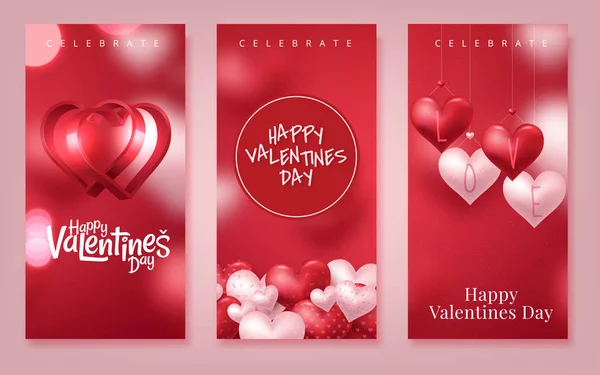 Happy Valentine's Day vertical banners set. Holiday brochure design, greeting cards, love creative concept, gift voucher, invitation. Vector illustration — Stock Vector