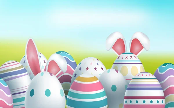 Cartão de Páscoa feliz com ovos, grama, flores e efeito Bokeh. Ilustração vetorial — Vetor de Stock
