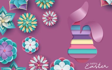 Paskalya kartı. Kağıt, yumurta şeklindeki çerçeveyi bahar çiçekleriyle kesiyor. Vektör illüstrasyonu