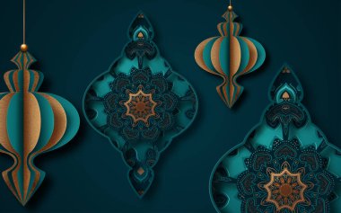 Ramazan için İslami tebrik kartı tasarımı. Kağıt sanatı tarzı. vektör illüstrasyonu