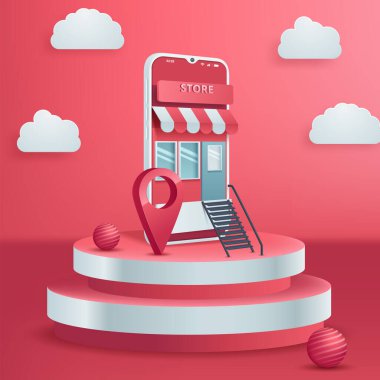 Online alışveriş e-ticaret konsepti. Akıllı telefondan sipariş dükkânı çevrimiçi. Vektör illüstrasyonu