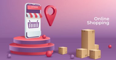 Cep telefonundaki online alışveriş konseptinin çizimi. Vektör illüstrasyonu