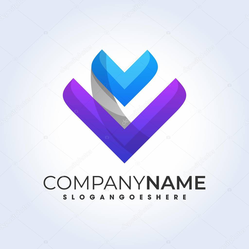 Abstract trendy multicolored logo design element in letter v shape- for business company visual identity, origami, sphere, flow.