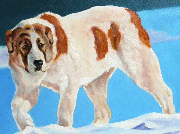 Yağlı boyalı beyaz büyük bir köpek.