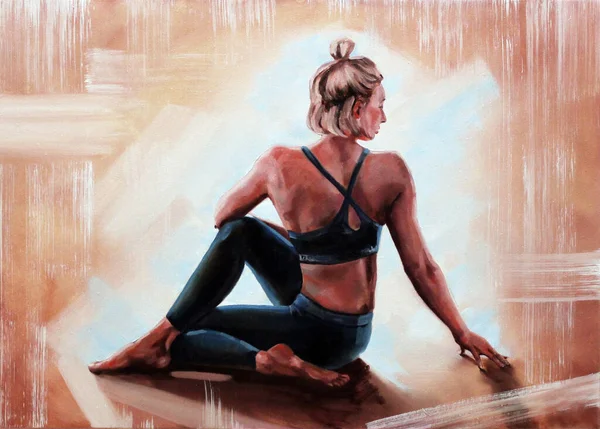 Yogacı kız, spor, oturma, sırt. Yağlı boya.