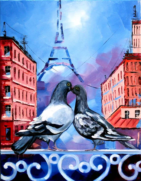 Kuşlar çatıda güvercinler. Paris, kule. Yağlı boyalarla çizmek