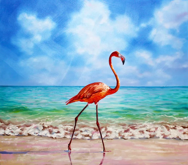 Flamingo deniz kıyısında yürüyor. Yağlı boya.
