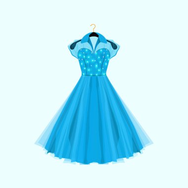 Retro tarzı mavi parti elbise. Vektör moda çizim. Dekor ile elbise.