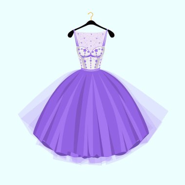 Mor parti elbise. Vintage tarzı parti elbise çiçek dekorasyonu ile. Vektör çizim. Moda couture elbisesi