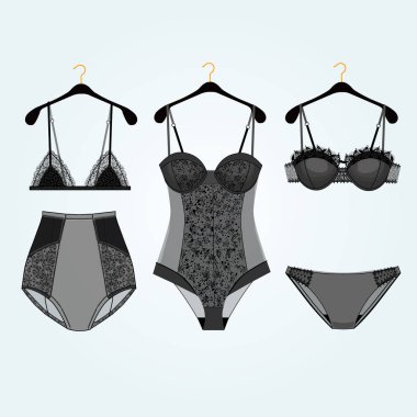 İç çamaşırı beden takım elbise koleksiyonu. Sutyen ve külot ile Vintage göz alıcı iç çamaşırı siyah beden takım elbise. Vektör moda çizim.