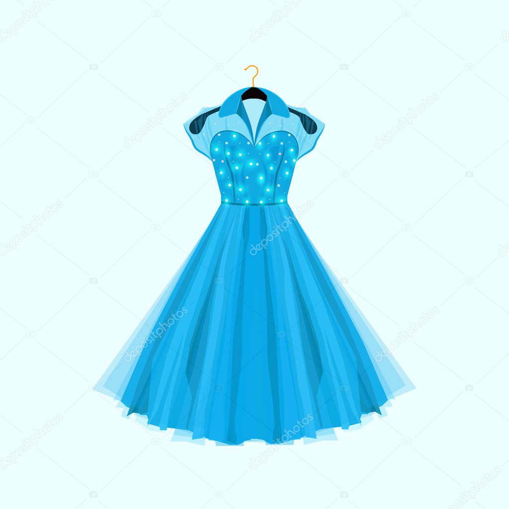 Retro style blue party dress. Vector fashion illustration. Dress with decor.