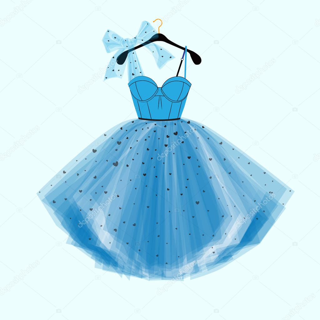 Party Prom dress with fancy bow decor. Fashion illustration