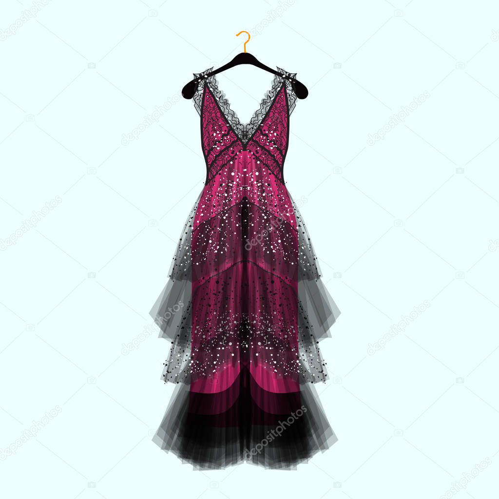 Fancy dress with rhinestones. Celebrity dress.Luxury dress. Fashion vector illustration