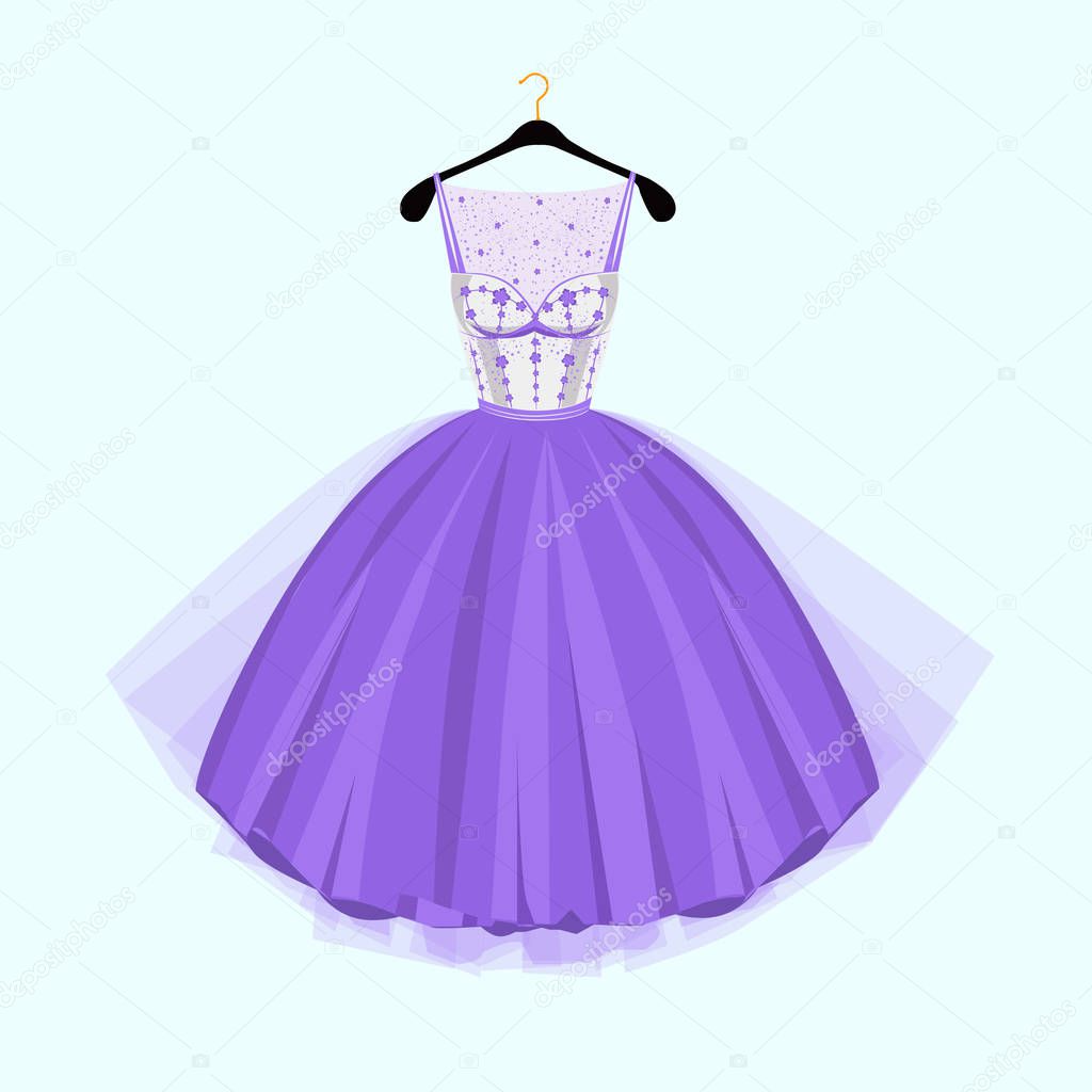 Violet Party dress.  Vintage style party dress with flowers decoration.Vector illustration. Fashion couture dress