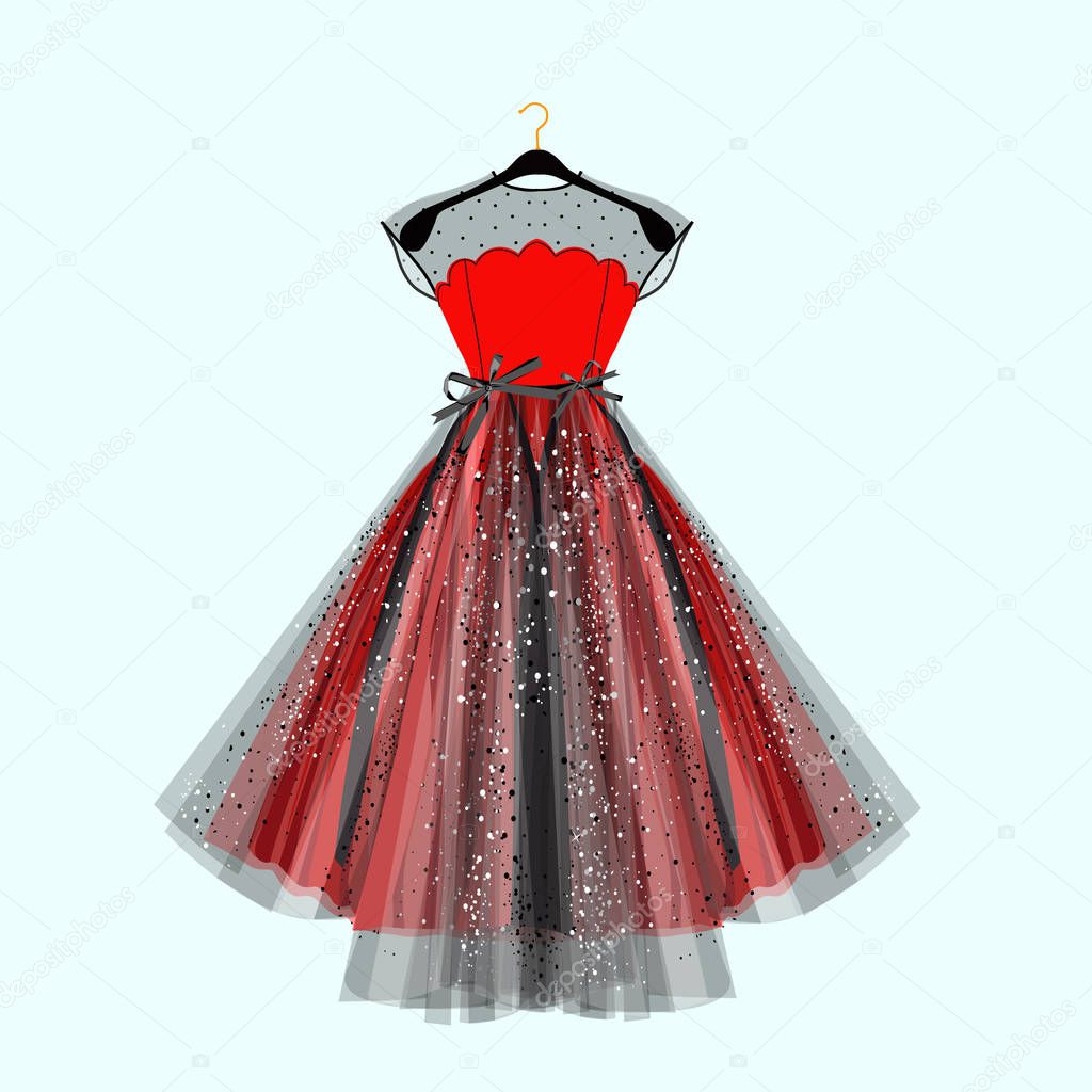 Black and red fancy dress for special event with decor. Vector Fashion illustration for online shop