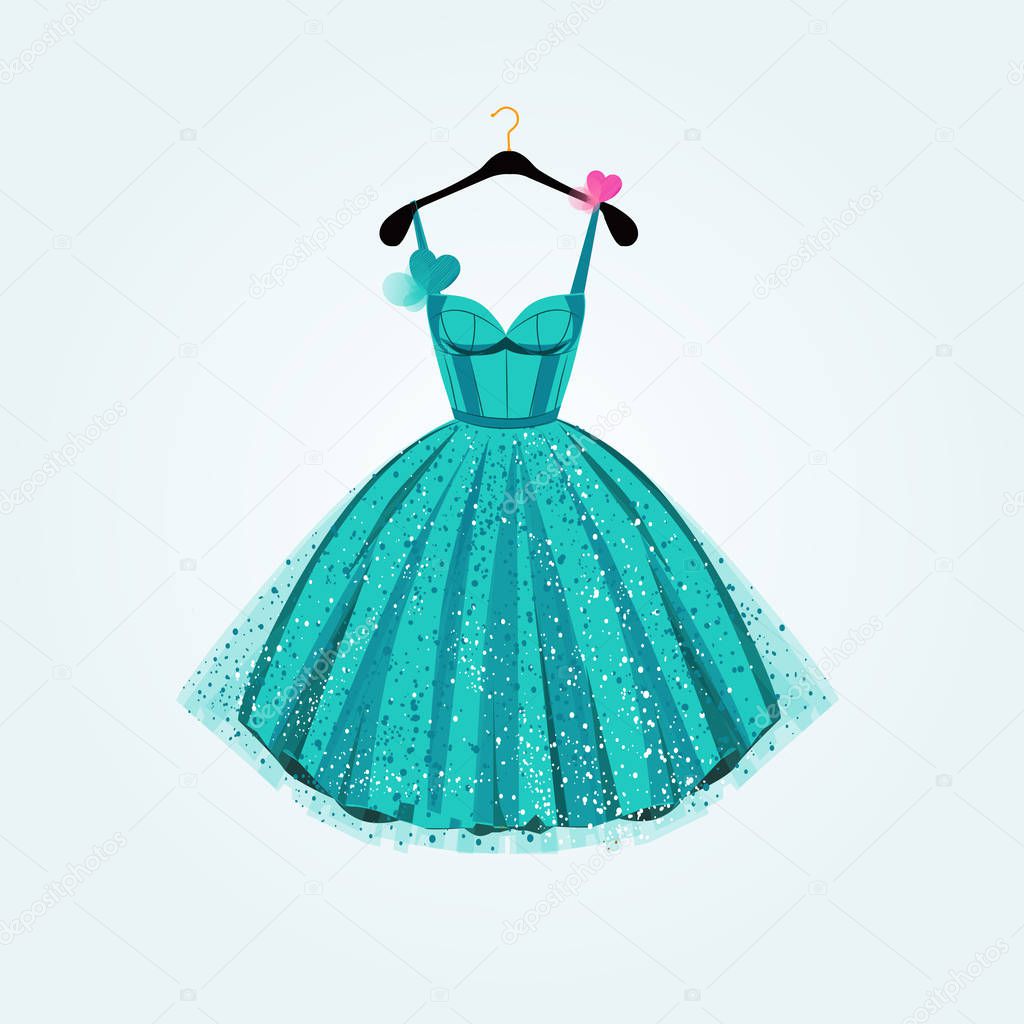 Blue birthday  party dress with bow heart. Fashion illustration for invitation card