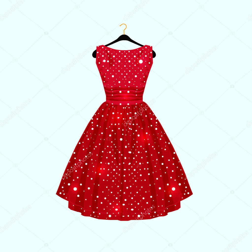 Red Dress with white dots for party card. Vector Fashion illustration
