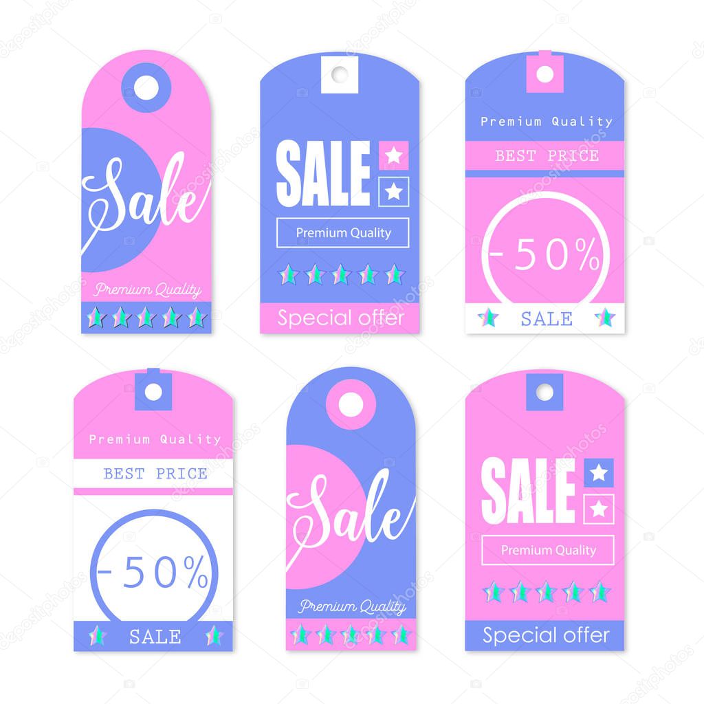 Sale Tags with sale messages and holographic stars