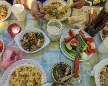 tabaklarda doğa plov öğle yemeği dilimlenmiş salatalık domates şarap tuzu plastik bir kapta porcini mantar turşusu bir kavanozda sprat füme