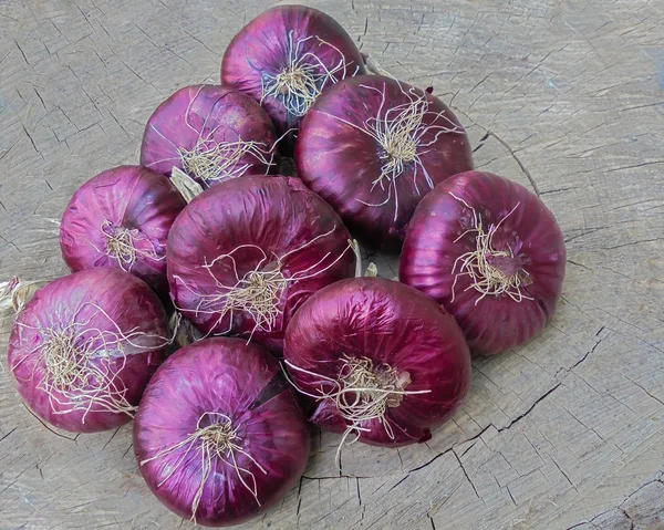 düz soğan kırmızı soğan ahşap bir yüzey üzerinde bir yığın yalan