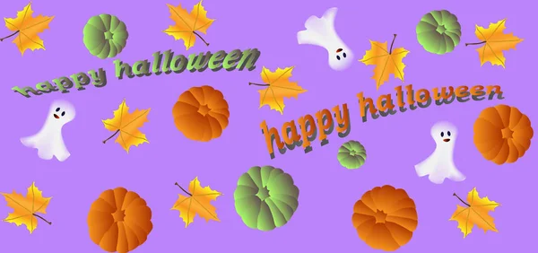 mor bir arka plan üzerinde uçan hayaletler akçaağaç yaprakları ve kabaklar yeşil ve turuncu ile yazıt mutlu cadılar bayramı