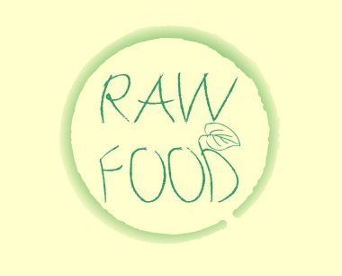 yeşil monokrom yazıtlar açık sarı bir zemin üzerinde yuvarlak yeşil bir halka içinde çiğ gıda