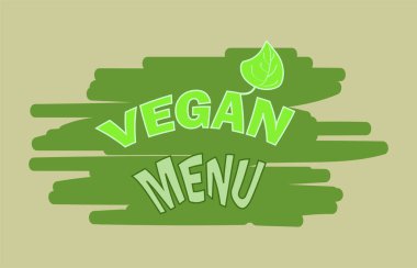 Tek renkli yeşil yazıt vegan menüsü. Büyük çizgili yeşil arka planda bir yaprak.