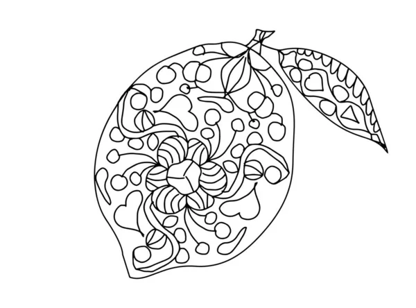 Jeden Citron Listem Zeleninovým Vzorem Doodle Stylu Bílém Pozadí Zbarvení — Stockový vektor