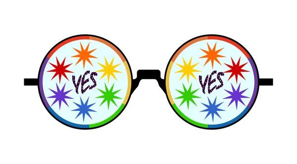 LGBT bayrak çerçeveli yuvarlak gözlükler ve gözlük üzerine boyanmış yıldızlar ve evet siyah yazılar.