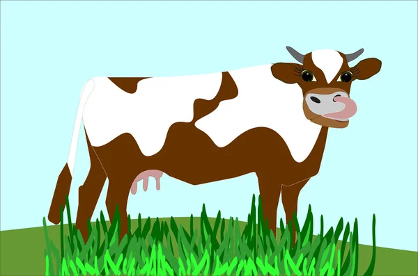 Brown Cartoon Cow White Spots His Body Stands Green Lawn — Stock Vector