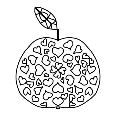 Stres önleyici boya sayfası. Elma yapraklı, kalp desenli beyaz arka planda karalama tarzında.