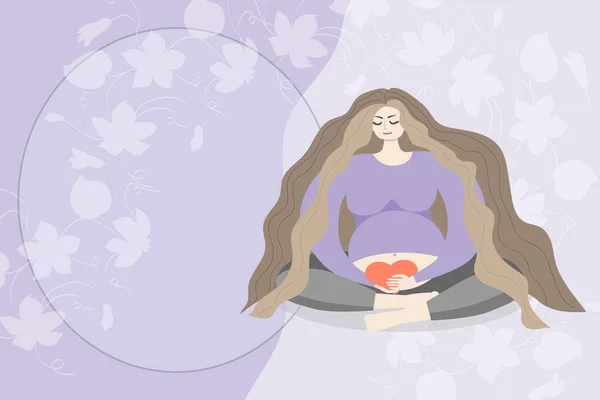 Femme Enceinte Aux Cheveux Longs Assoit Position Lotus Tient Cœur — Image vectorielle