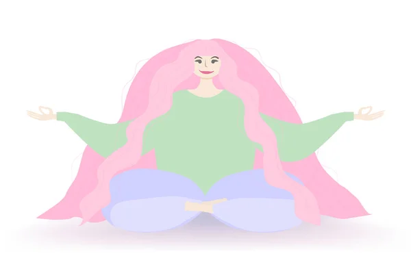 长粉色头发的女孩 坐在白底荷花的位置上 — 图库矢量图片