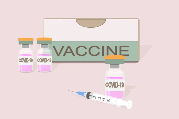 Engångsspruta Vaccinförpackning Och Tre Injektionsflaskor Med Rosa Vaccin Och Märkta — Stock vektor