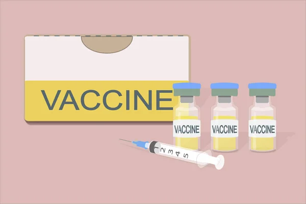 Balení Léku Nápisem Vakcína Tři Injekční Lahvičky Injekci Světle Žlutou — Stockový vektor