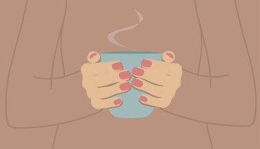 Açık kahverengi arka planda, kadınların elinde mavi fincan sıcak çay.