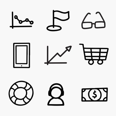 İş iletişimi ve sosyal medya teması üzerinde dijital pazarlama beyin fırtınası karalama elemanları el çizilmiş vektör Illustration.