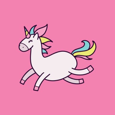 Doodle karikatür tarzı şirin tek boynuzlu at vektör çizim