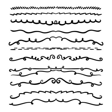 Handdrawn girdaplar ve eğriler koleksiyonu. Düğün kartları için süs eşyaları tasarım elemanı, davetiyeler, tarih kartları, restoran için el ilanları kaydetmek