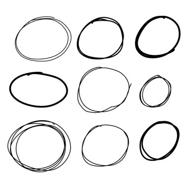 Siyah el çizilmiş daire çizgi kroki seti Doodle seti. Mesaj notu işareti tasarım elemanı için vektör dairesel karalama Doodle yuvarlak daireler