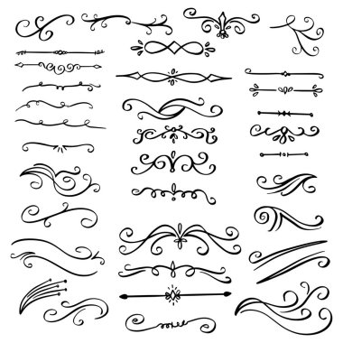 Handdrawn swirls ve curles koleksiyonu. Düğün kartları için süsler tasarım elemanı, davetiyeler, tarih kartlarını kaydetmek, Restoran için broşürler