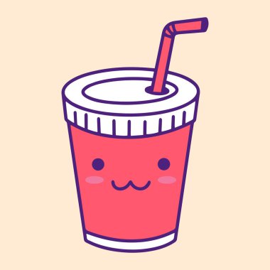 Resimli soda suyu kupası. Fast Food, Abur Cubur, Sokak Gıda sevimli kawaii yüz ifadeleri ile. Doodle tarzında el yapımı - Vektör Eps