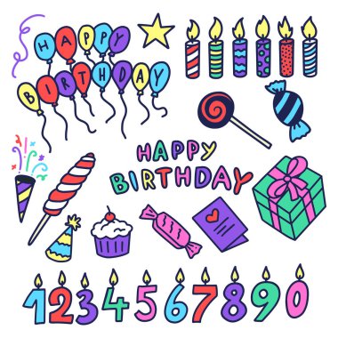 Happy Birthday çizimler basit doodle tarzıelle çizilmiş