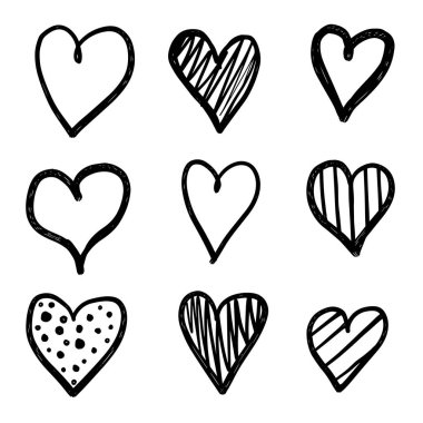 El çizilmiş kalpler beyaz arka plan üzerinde izole. Vektör çizimi 